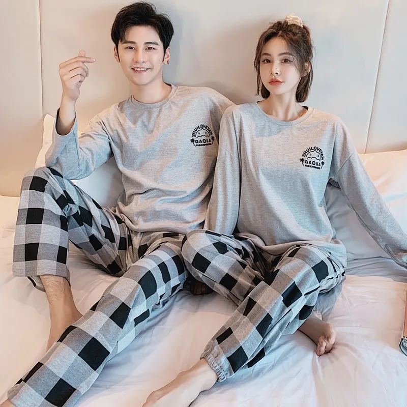 100% de algodão manga comprida casual calças xadrez pijama conjuntos para homens outono casais casais sleepwear pijamas mulheres homewear casa roupas 201109