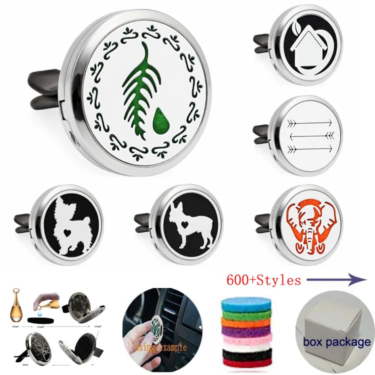 600+ Designs 30mm Öppning Luftfräschare Aromaterapi Essential Oljediffusor Locket med ventilationsklämma (Gratis 10 filtkuddar) K4