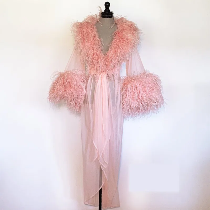 Feather Pajamas Bridal Sleepwear: Pink Ostrich Feather Robe, Sexy
