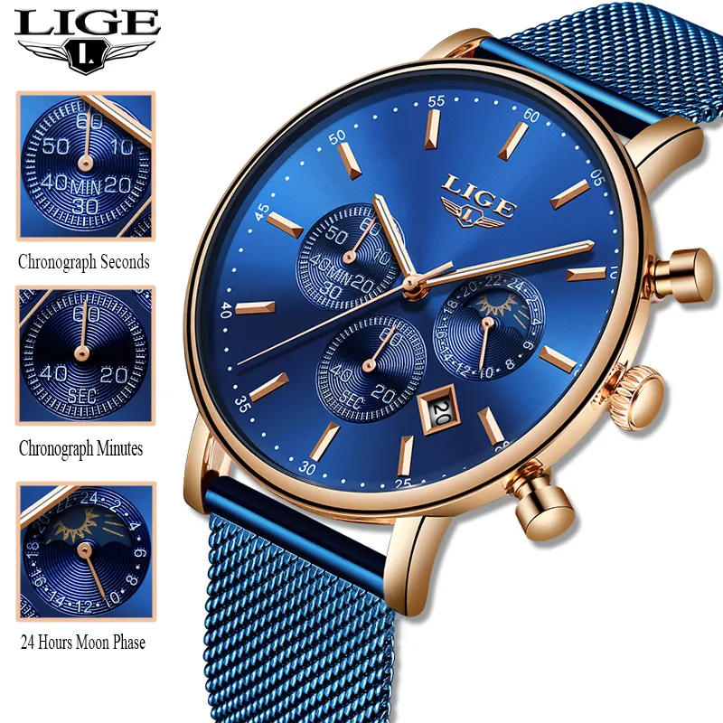 LIGE Frauen Mode Blau Quarzuhr Dame Mesh Armband Hohe Qualität Casual Wasserdichte Armbanduhr Frauen Uhr Reloj Mujer 201114