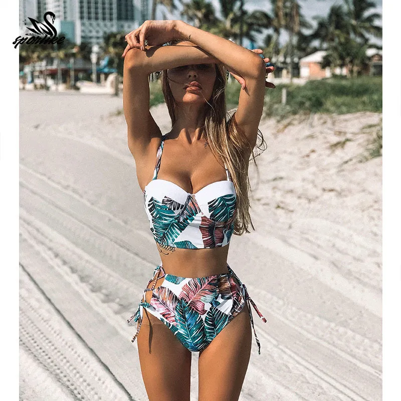 High Waist Swimwear New Leaf Print Bikinis Women Swimsuit Vintage Retro Bathing Suit Halter Biquini Maillot de bain femme LJ200825