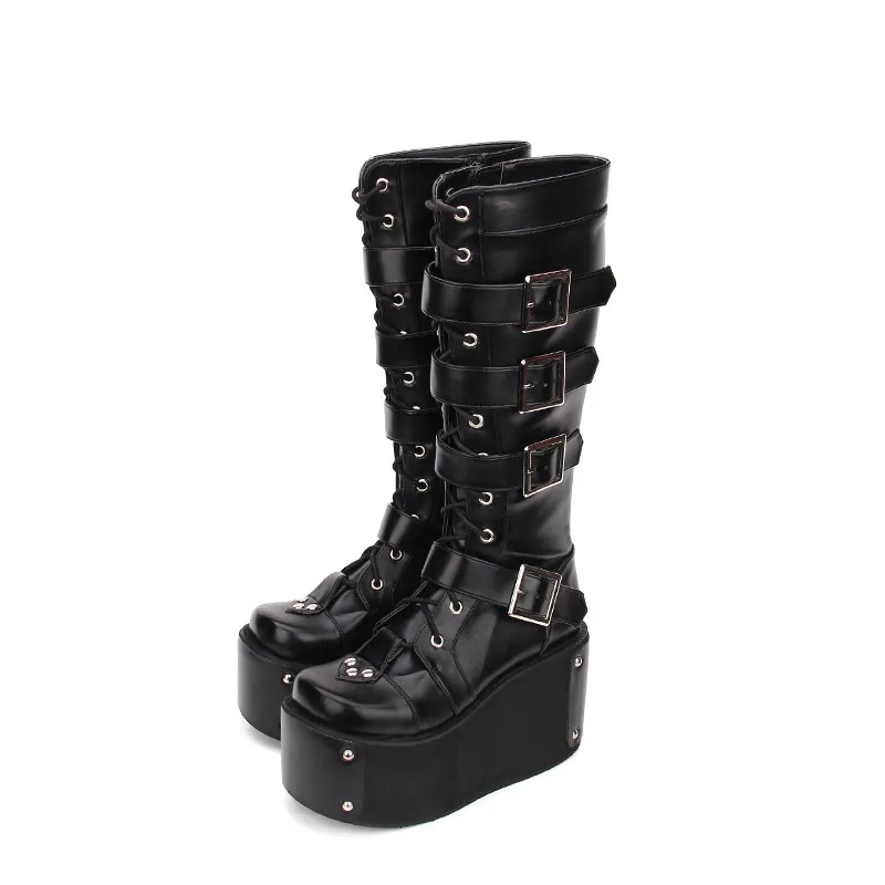 Menina Mulheres Motocicleta Sapatos Senhora Cunhas Altas Saltos Lolita Punk Boots Mulher Princesa Vestido Bombas Rebites 10cm