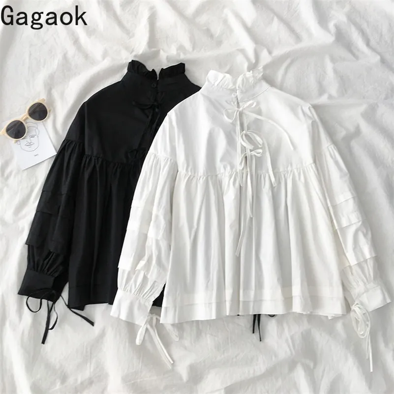 Gagaok Dames Streetwear Blouse Lente Herfst Nieuwe Solid Stand Puff Sheeve Lace Up Losse Casual Wild Vrouwelijke Mode Shirts Tops LJ200831