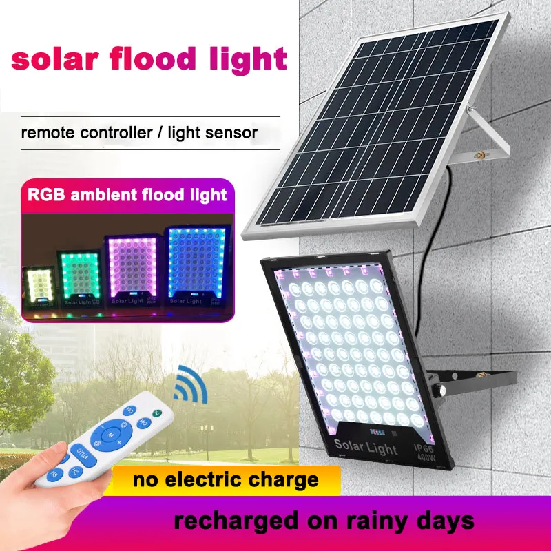 LED Solar Flood Light RGB White 60W 100W 200W 300W 400W Ambient Lighting with Remote Controller Christmas Lights Outdoor for Garden