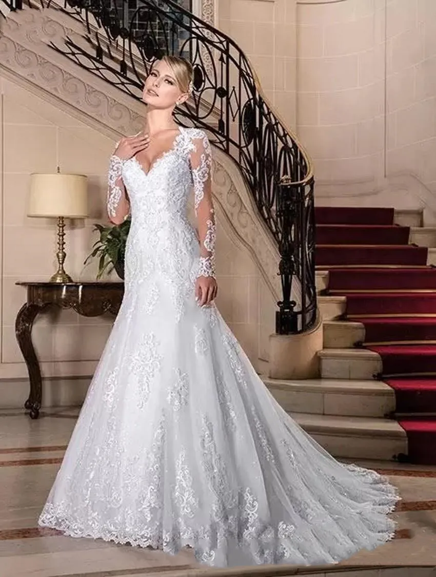 Robes élégantes pour femmes 2022 pleine dentelle une ligne robe de mariée Vestidos de NOIVA V COU SHEER manches longues Tulle applique Robes de mariée de mariage