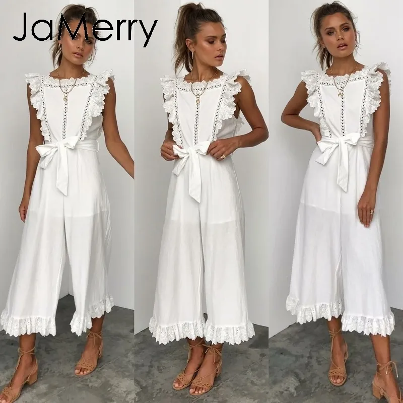 JaMerry Vintage cotton linen ruffled embroidery women jumpsuit Elegant hollow out sashes long jumpsuit romper Casual overalls T200107