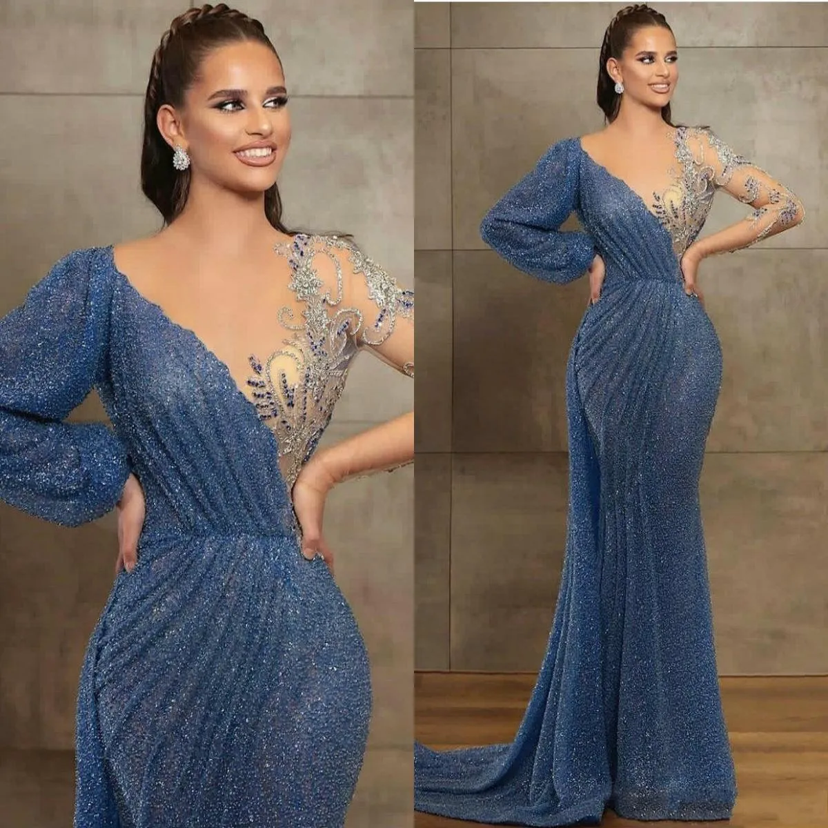 Najnowsza niebieska sukienka wieczorowa Prom suknia Sheer Jewel Neck Zroszony Koronki Z Długim Rękawem Mermaid Prom Sukienka Sweep Sweep Custom Made Illusion Rates de Soirée