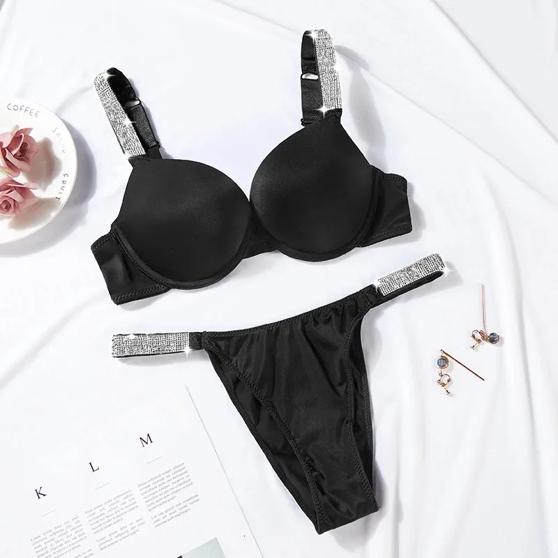 Bra Borruice Sexy Letter Rhinestone Lingerie Slips Set Push Up Bh Panty 2 Piece for Women Comfort Adjustable Underwear Sets Black