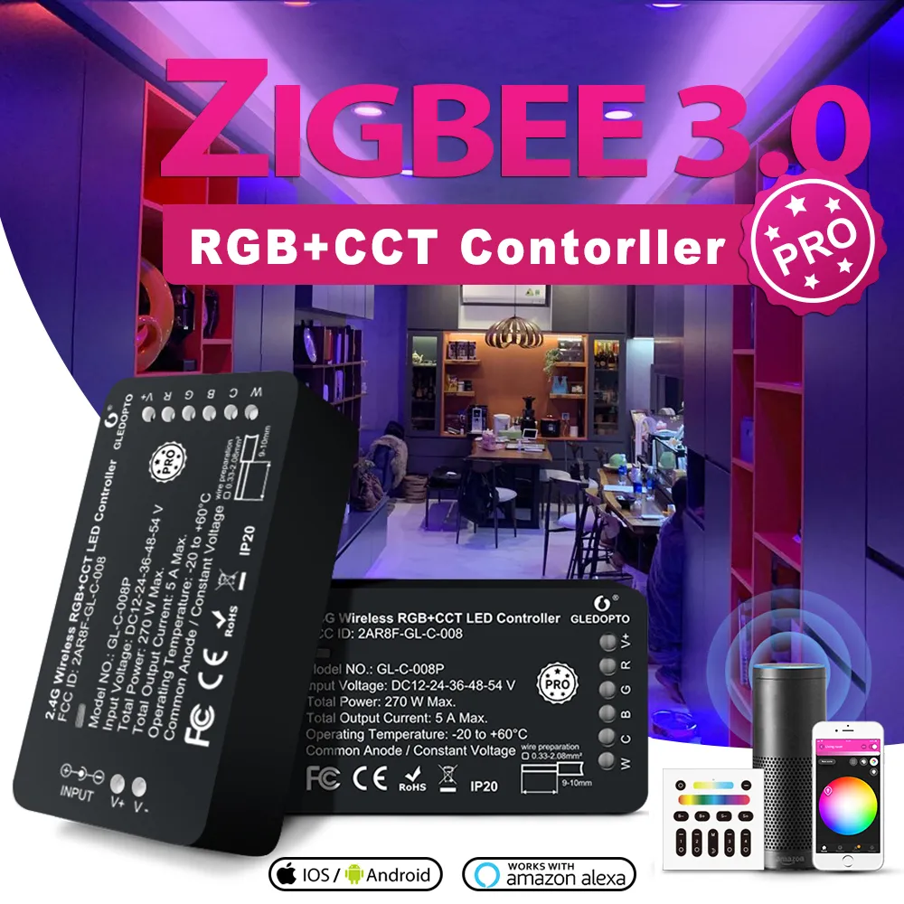 GLEDOPTO ZIGBEE 3.0 LED Controller Pro RGBCCT Strip Controller Smart App Röstkontrollarbete med Amazon Echo Plus SmartThings