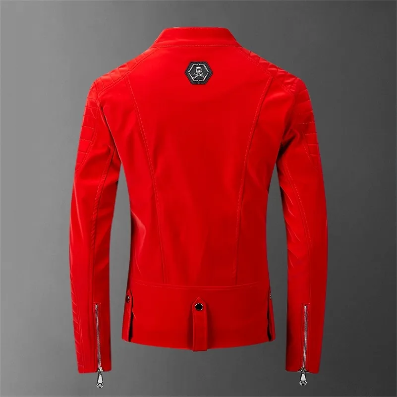 2020 Skull Bonded Leather Red Jackets Men High Street Style с отложным воротником Streetwear Мужские куртки и пальто Casacas Para Hombre LJ201013