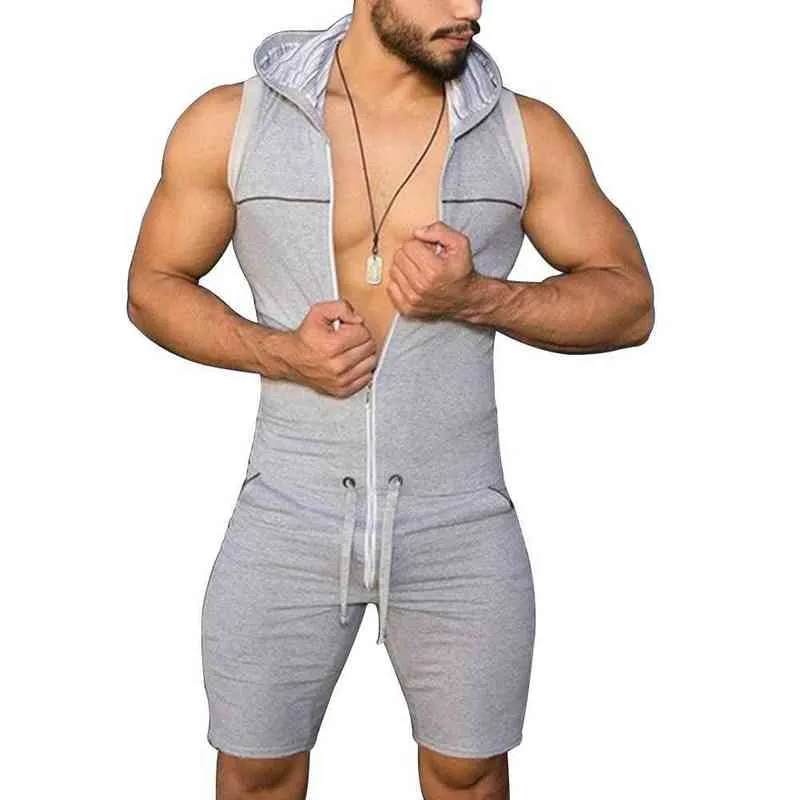 Men Casual Solid Color Sleeveless Jumpsuit Pockets Short Pants Hooded Romper H1223