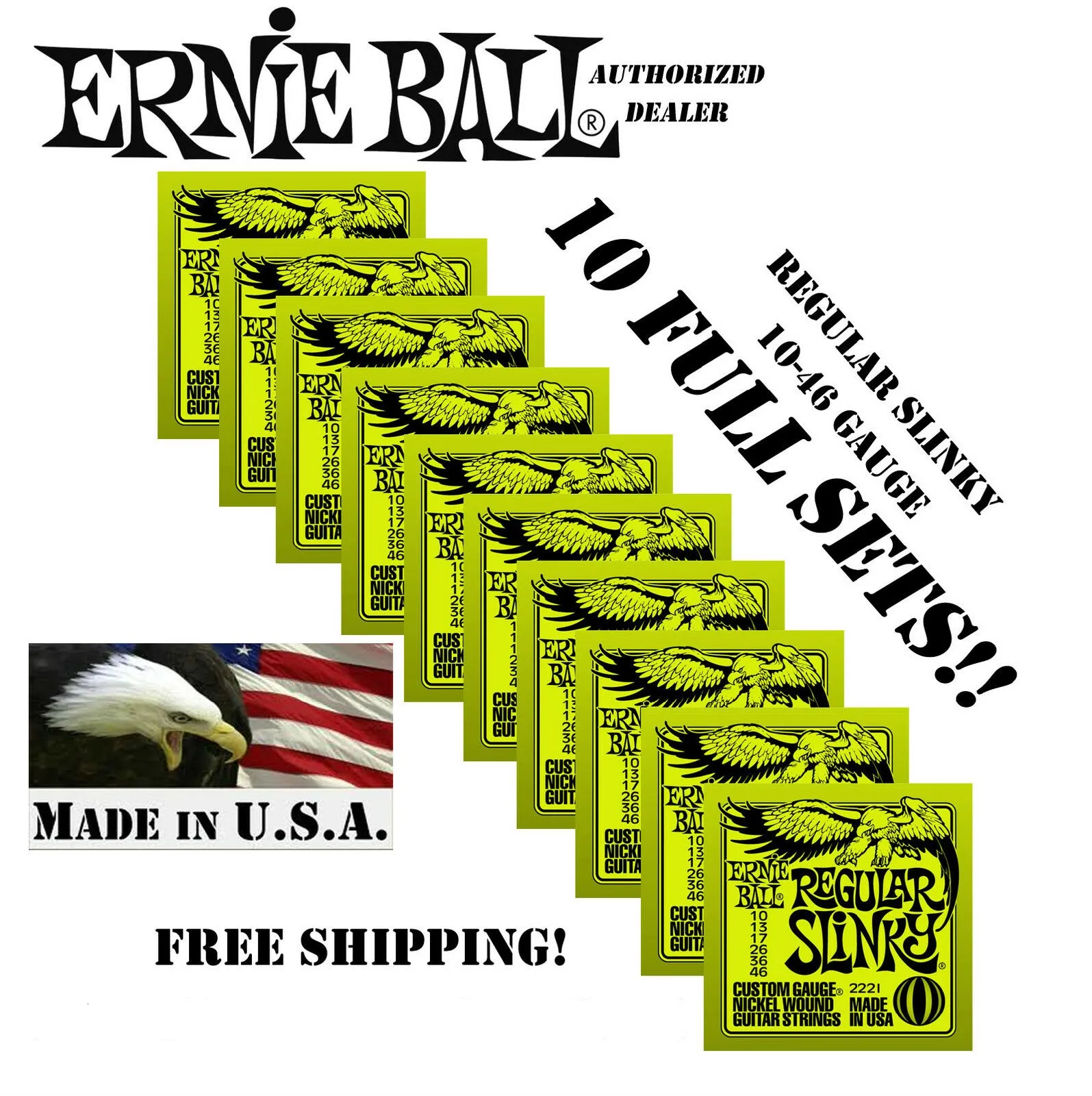 New 10 Pack Ernie Ball Regular Slinky 10-46 Strings de guitarra elétrica 2221 (10 conjuntos)
