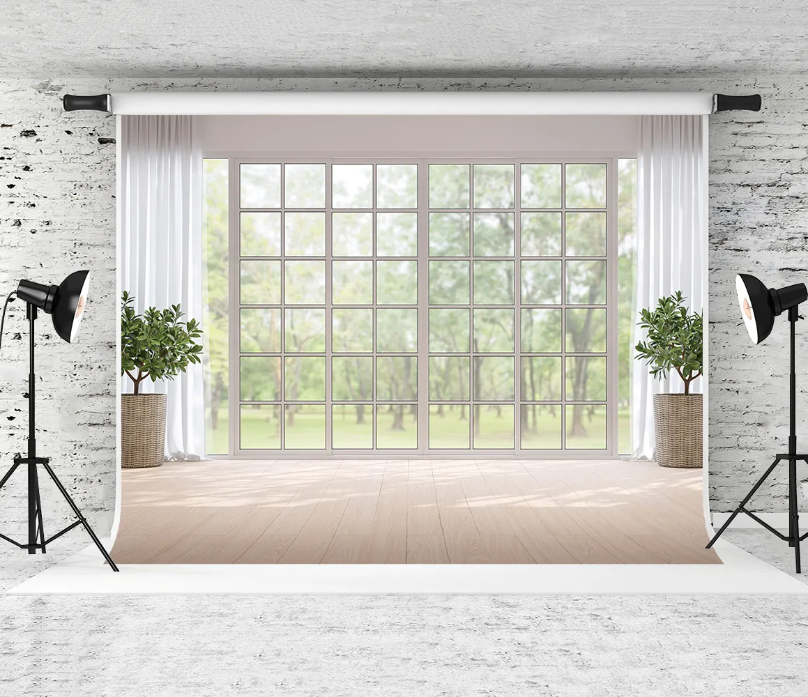 春の部屋の窓の背景の自然の風景写真の背景白いカーテンの装飾木製の床写真背景