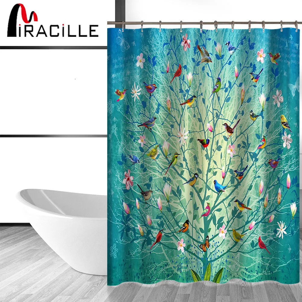Miracille cartoon árvore pássaros impressão digital impermeável banheiro cortinas com 12 ganchos casa cortina decorativa T200711