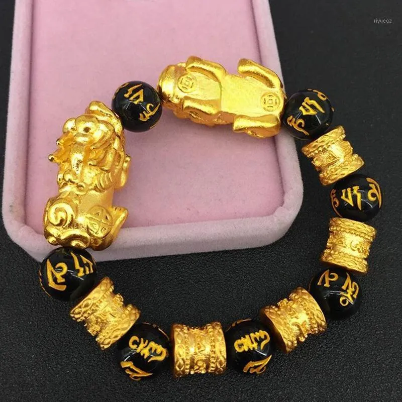 Charm Bracelets Gold Bracelet Imitation Vietnam Shakin Six-character Mantra Beaded Sand Good Luck Chinese Double Pixiu Jewelry
