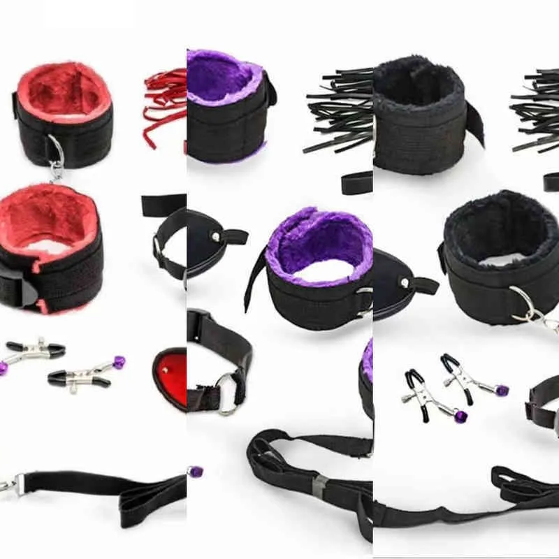 Nxy Sm Bondage Sex Kit 7 Pcs Adult Games Set Handcuff Footcuff Whip Rope Blindfold for Couples Erotic Toys Products 1223