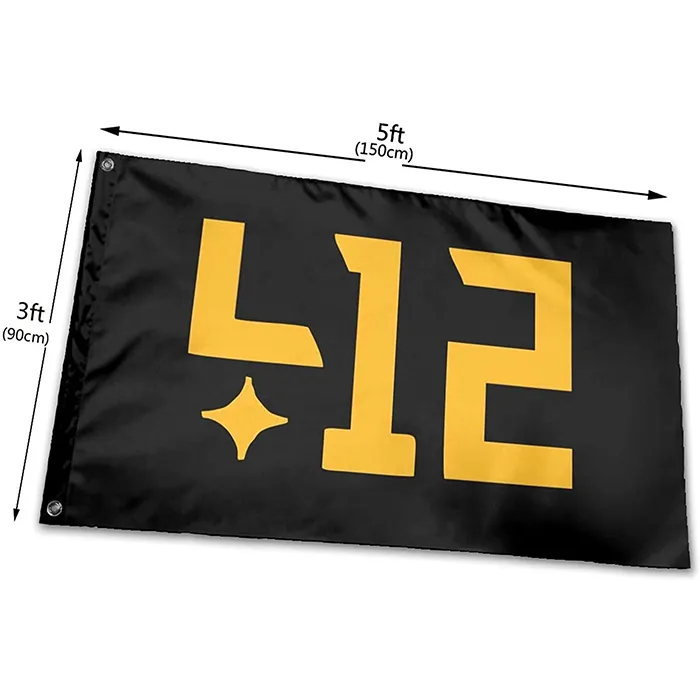 412 Pit Tsburgh Flags 3x5ft 깃발 배너 광고 교수형 100D 폴리 에스터 직물 디지털 인쇄 교수형 비행 빠른 배달