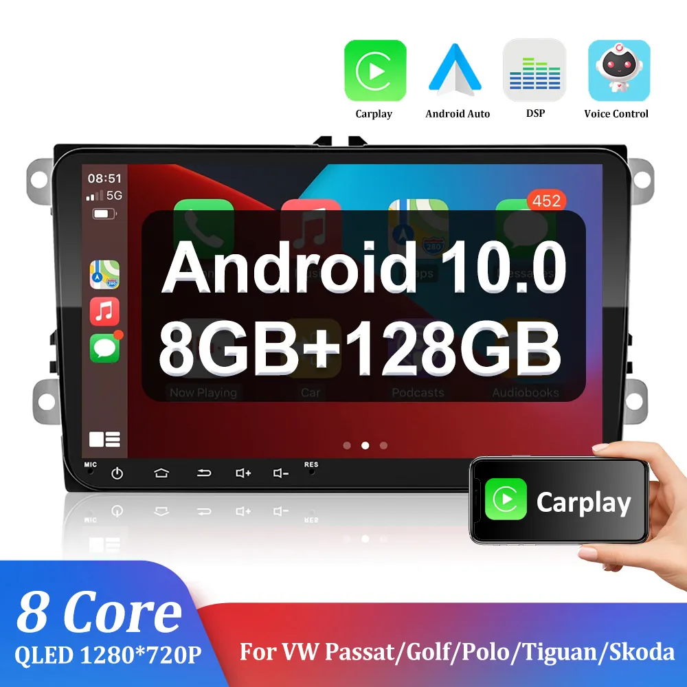 오디오 자동차 멀티미디어 플레이어 Android 10 8g + 128g 카레프레 GPS 자동차 라디오 Volkswagen Passat / Golf / Polo / Tiguan / Skoda