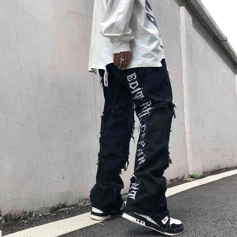 HOUZHOU jean dchir pour hommes pantalon en Denim style Hip Hop noir Harajuku jambes droites broderie Streetwear 0309