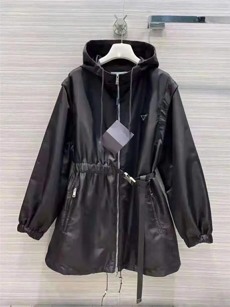Women Jacket Long Windbreaker Hooded With Belt Adjust Jackets Spring Autumn Style Coats Sleeves Remove Vest Black And White Optims Size S-L