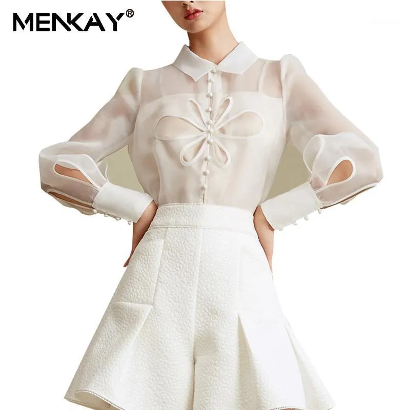 Menkay 2020 Women Hollow Out Белый органза Блуз Blous