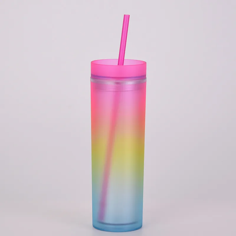 Plastic Gradient Straight Skinny Tumblers Cups 16oz Double Wall Colorful Portable Acrylic Tumbler Mugs With Straw And Lid