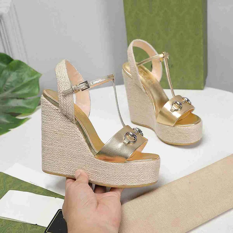 Summer Lady Wedges Sandals Famous Designer Women Sandales Real Leather Fashion Buckle 13CM High Heels T-strap Woman Sandels