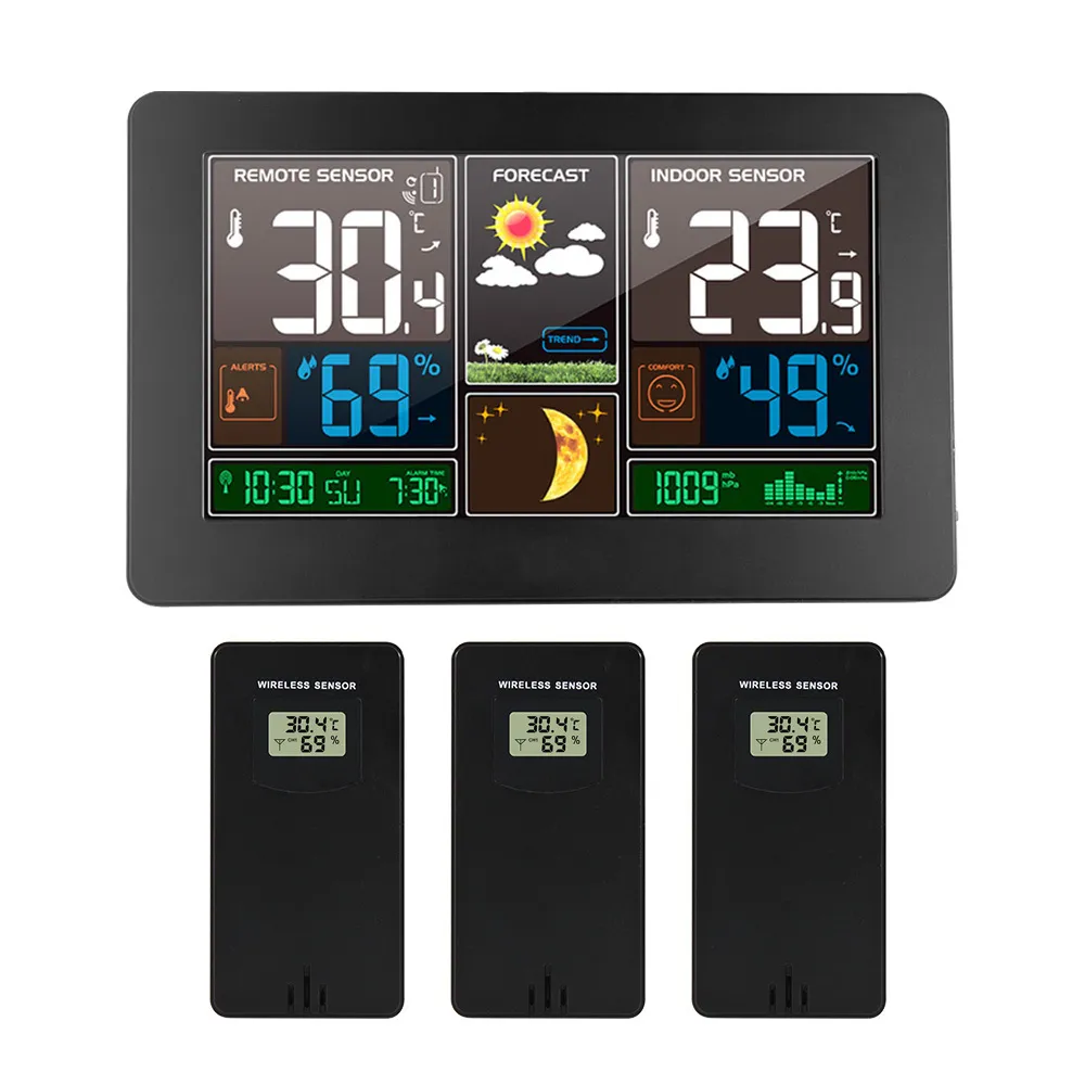 Wanduhr Digitale Wetterstation 3 Sensoren Wireless Indoor Outdoor Thermometer Hygrometer Barometer Prognose Moderne Uhr -40 201118