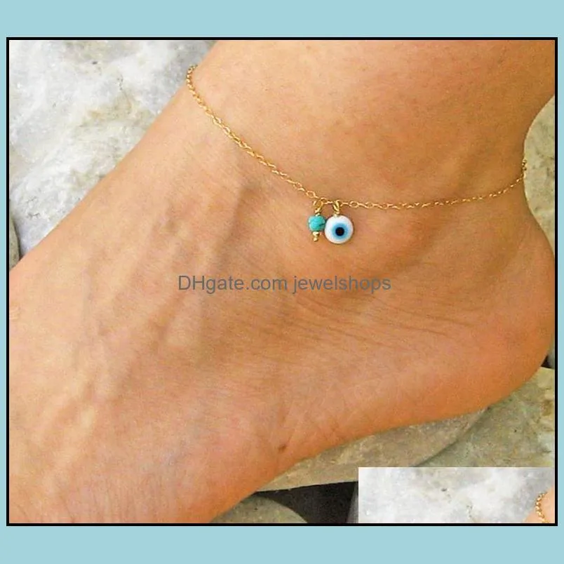 Bohemian Layered Beads Bracelet Anklet for Women Leg Chain Blue Evil Eye Pendant Summer Beach Foot Jewelry