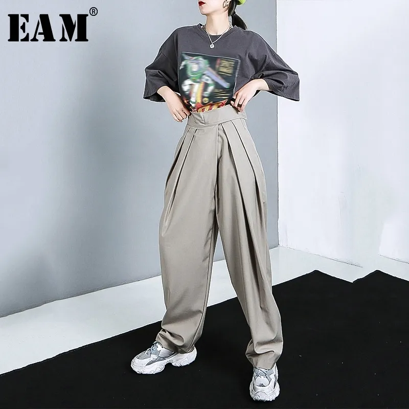 [EAM] cintura alta verde militar plisado pantalones largos de pierna ancha nuevos pantalones holgados moda mujer marea primavera otoño 1R774 201031