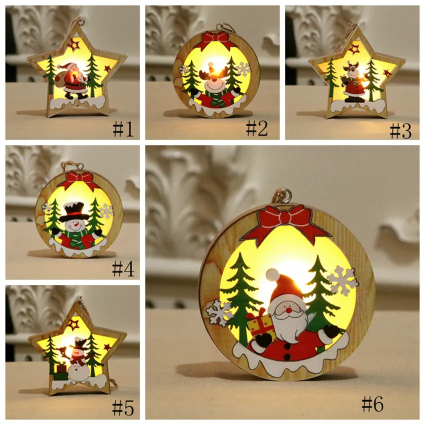 Weihnachten hölzerne lumineszende Anhänger Santa Claus Schneemann Muster Weihnachtsbaum Ornament Hohl Holz Weihnachtsdekor mit LED-Licht