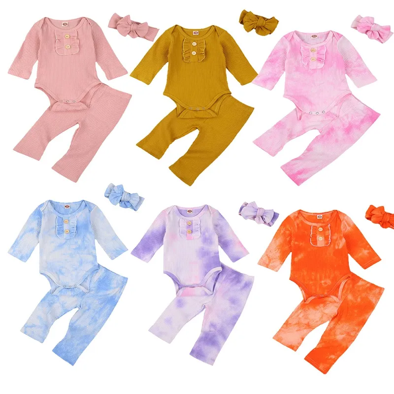 Ubrania dla dzieci Dziewczyny Chłopcy Stroje Dochodowe Dye Romper Topy + Spodnie + Opaski 3 sztuk Zestawy Wiosna Jesień Boutique Odzież dziecięca Zestawy M3198