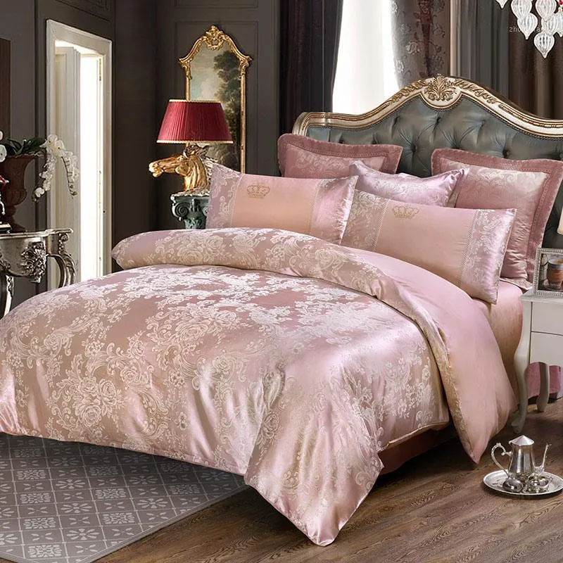 Floro rosa intenso Jacquard 4pcs Queen King Letting Sets Set di piumini trapunti di seta Luxio coperture per letti da letto di qualità Cusca da letto