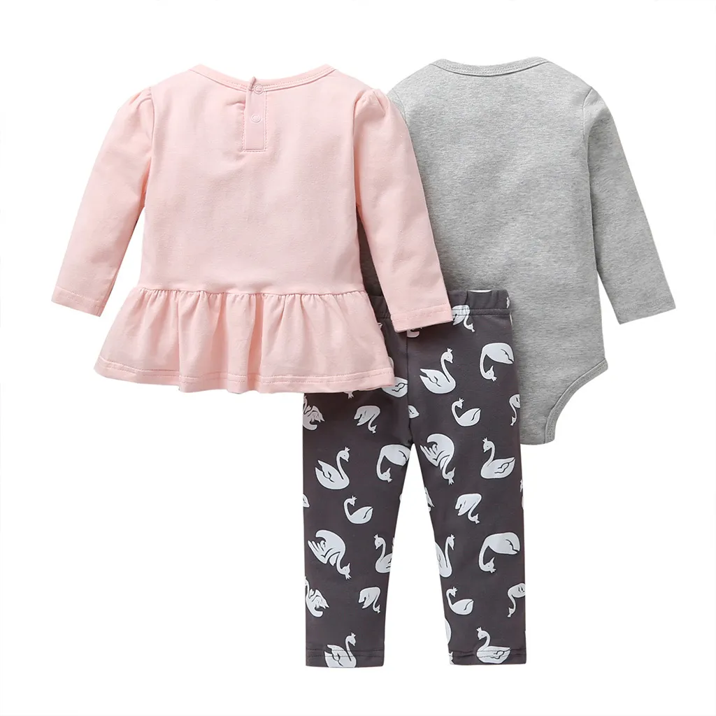 Baby Girl Höst Outfit Rosa T-shirt Klänning + Romper + Byxor Långärmad Set Nyfödd 2020 Kläder Nya Born Swan Babies Kläder LJ201223