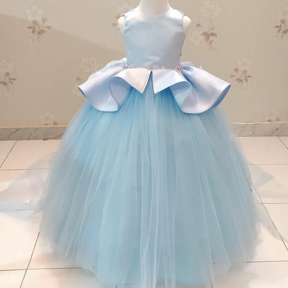 2020 bleu ciel pas cher robes de fille de fleur robe de bal Tulle petite fille robes de mariée pas cher Communion Pageant robes robes