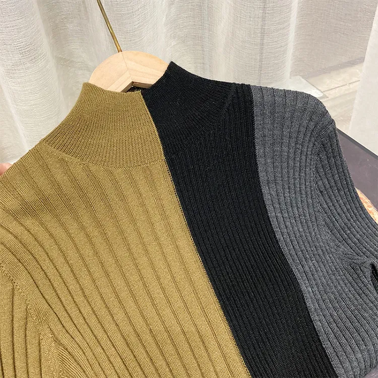 2021 Spring Long Sleeve Round Neck Multicolor Gray Green Contrast Color Knitted Mid-Calf Dress Elegant Casual Dresses XJ054678
