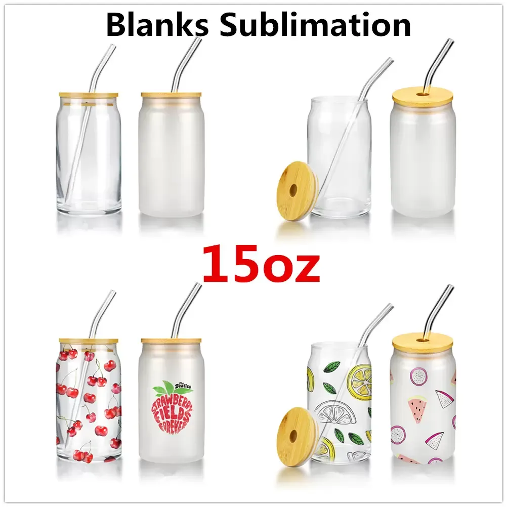 Nowy !!! 15oz Sublimacja Szklane Kubki Piwo Z Bambusową Pokrywką Słomy DIY Frosted Clear Picie Naczynie Naczynie Do Kawy Wino Mleko Piwo Cola Juice Cold Dorlware Handmade Can