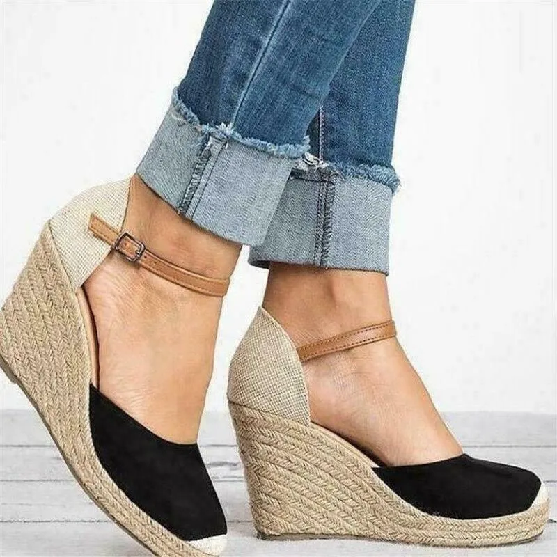 Boho Low Espadrille Wedges Low Heel With Ankle Strap And Buckle
