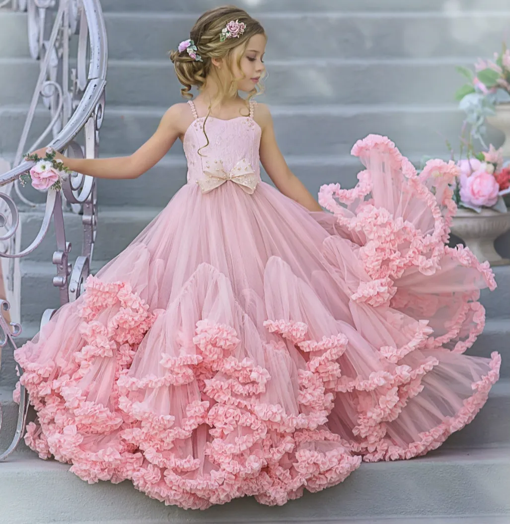 Rosa spetsblomma nivåer tulle boll klänning liten flicka bröllop billiga nattvardtävlingsklänningar klänningar zj7035