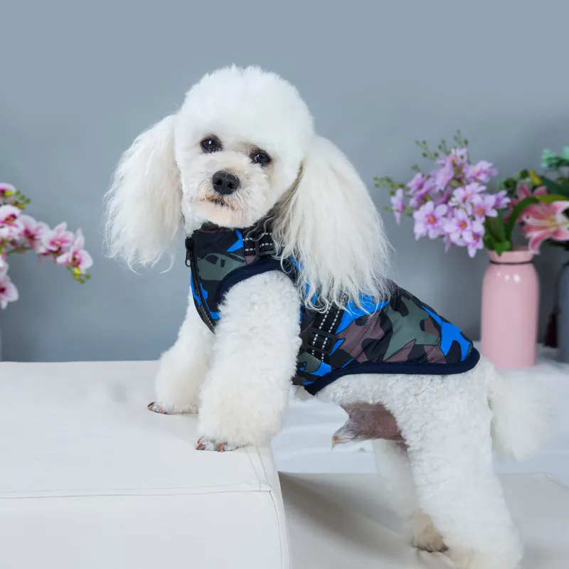 Abrigo de camuflaje para perros, chaqueta de algodón de invierno a prueba de viento, arnés con correa para el pecho, chaleco para perros pequeños y medianos JK2012XB