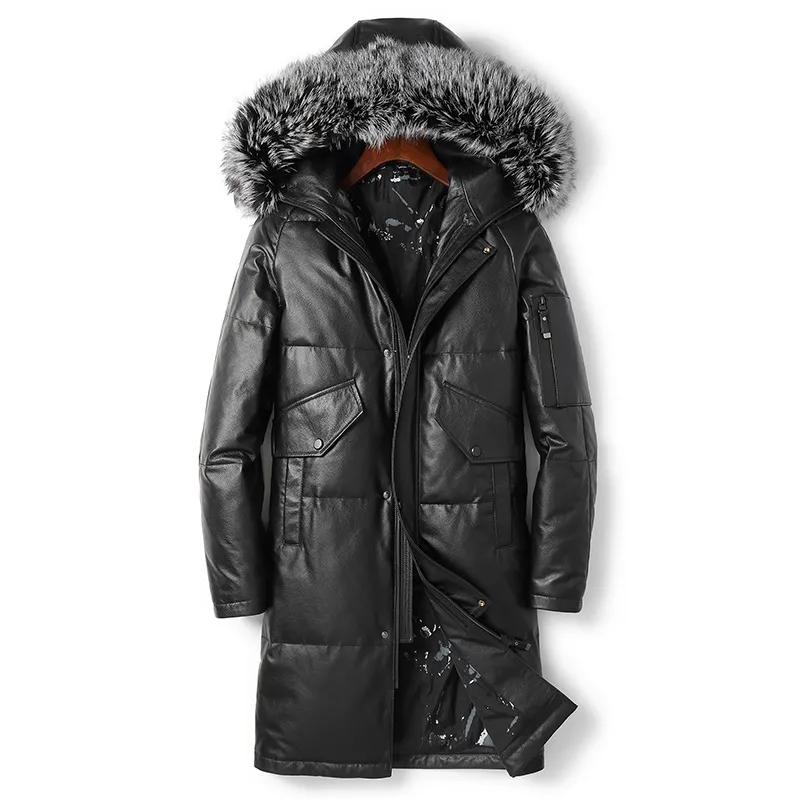 Jaqueta de couro genuíno Mens de couro ganso para baixo longo casacos real guaxinim colarinho de pele quente casaco de casaco exterior Outerwear casaco de neve sobretudo