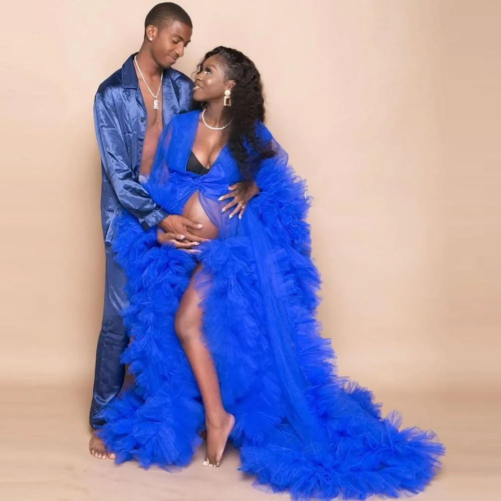 Royal Blue Maternity Evening Dresses Long Sleeves Women Plus Size Party Dressing Gowns See Through Sheer Tulle Maternity Robe