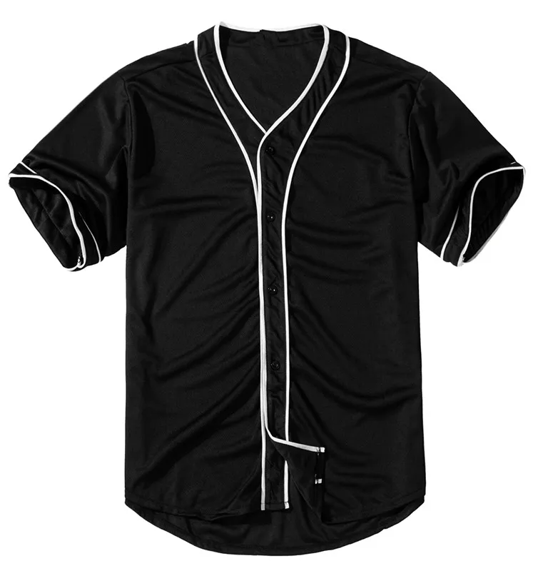 Homens baratos Jersey de beisebol camiseta de manga curta Hip Hop Hip Hop Basebol Top Botão Preto Solid Sport