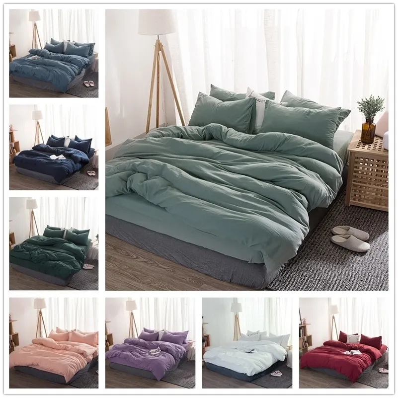 FAMIFUN New Product Solid Color 3/4 Pcs Bedding Set Microfiber Bedclothes Navy Blue Gray Bed Linens Duvet Cover Set Bed Sheet 201211
