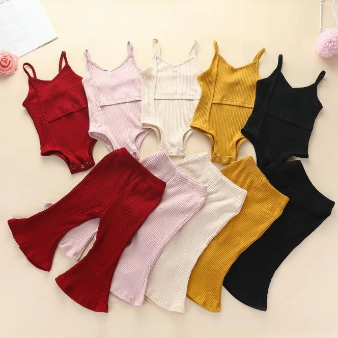 Baby Clothing Girl Fashion Solid Color Suspenders Bell Bottom Pants Pure Kids Cotton Outfit Girls Clothes 2st/Lot Design 5 Colors XTL448