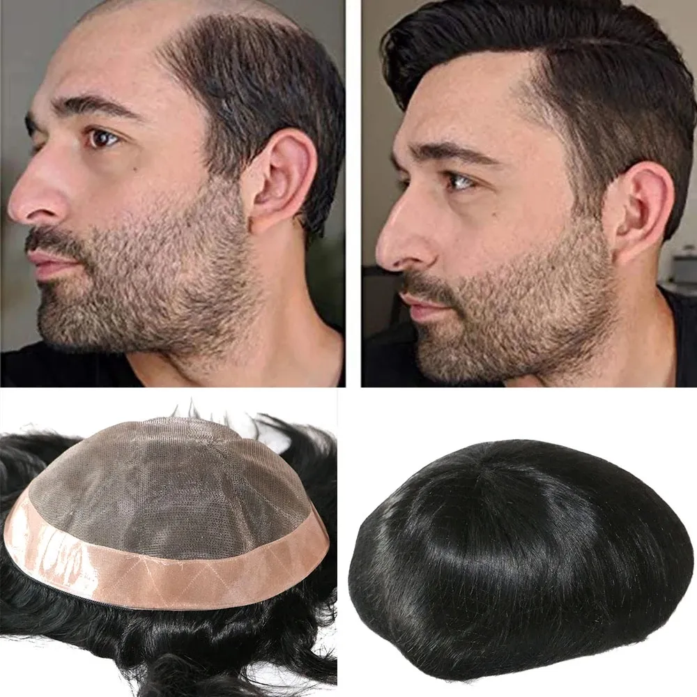 PU laço homens toupee durável 130% densidade homem peruca cabelo natural mono base indiano real humano hairs peruca sistema de substituição unidade barata