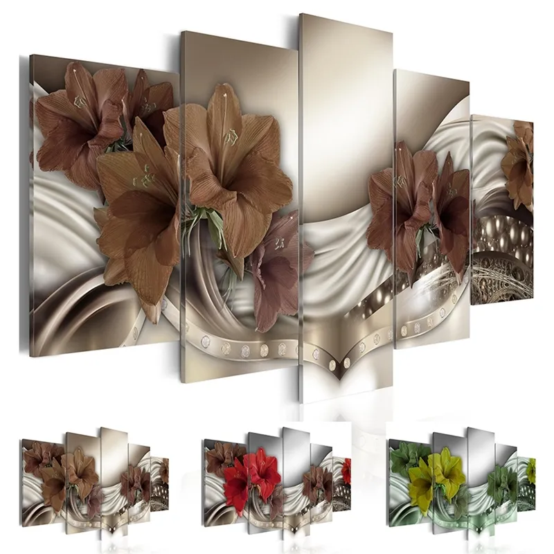 Mode Wall Art Canvas Schilderij 5 Stuks Rood Bruin Groene Diamond Lelies Bloem Moderne Woondecoratie, Geen Frame T200703