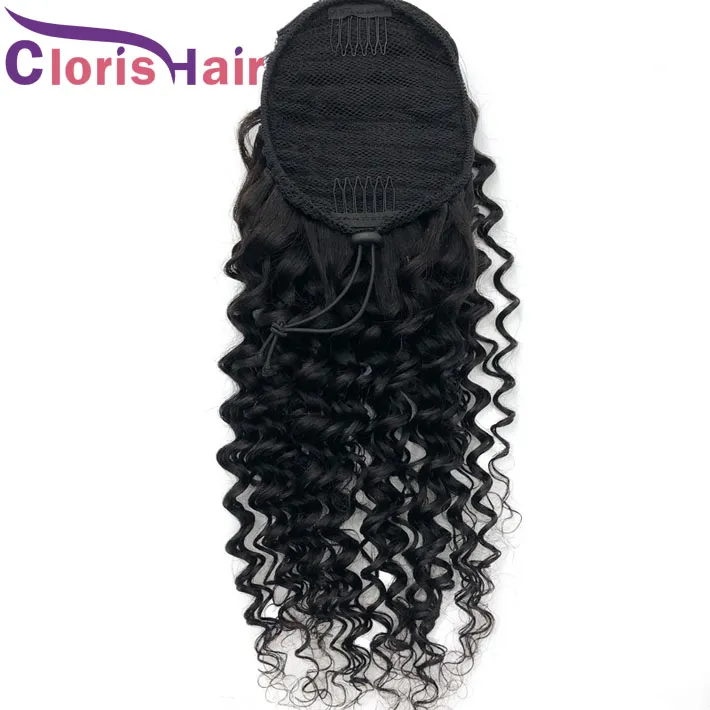 Extensions de queue de cheval de cheveux humains de vague profonde cordon de serrage brésilien vierge extensions bouclées profondes avec clip pour les femmes noires postiche de queue de poney réglable