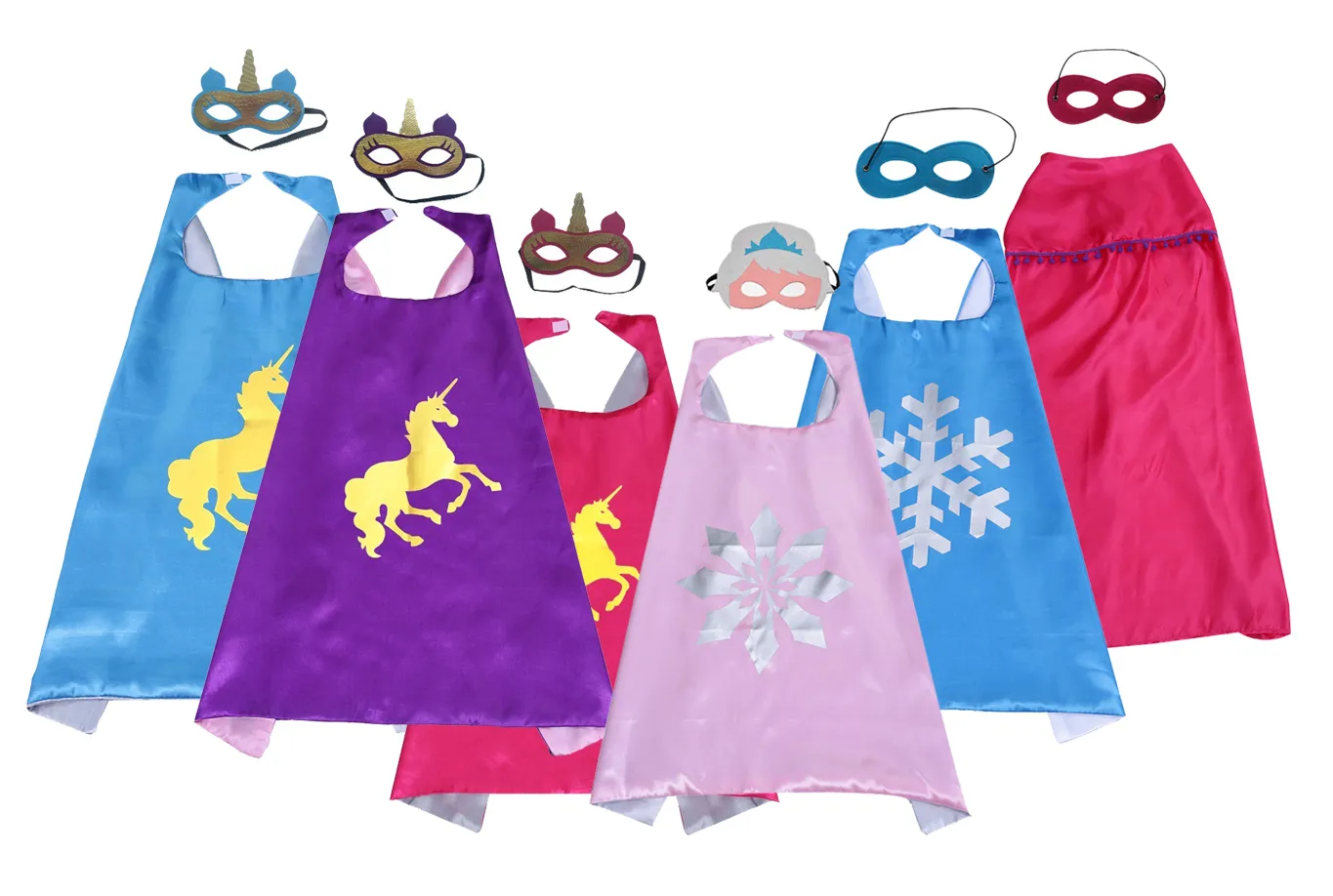 Multi-Style Double Layer Unicorn Superhero Cape and Mask Set 70 * 70 cm Kinderen Kinderen Satijn Fancy Dress Halloween Cosplay Kostuums Feestartikelen