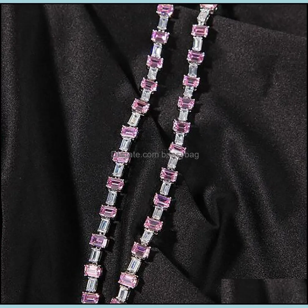 6.5MM Baguette Silver Pink Tennis Chain Real ICED Diamond Necklace HipHop Cubic Zirconia Choker 16inch 18inch 20inch